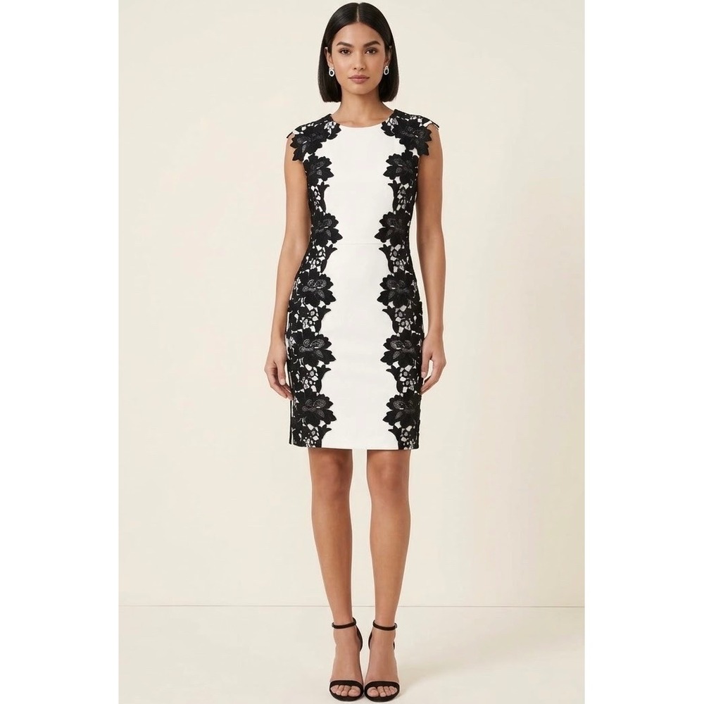 betsey johnson black and white dress Floral-Applique Sheath This chic mini dress